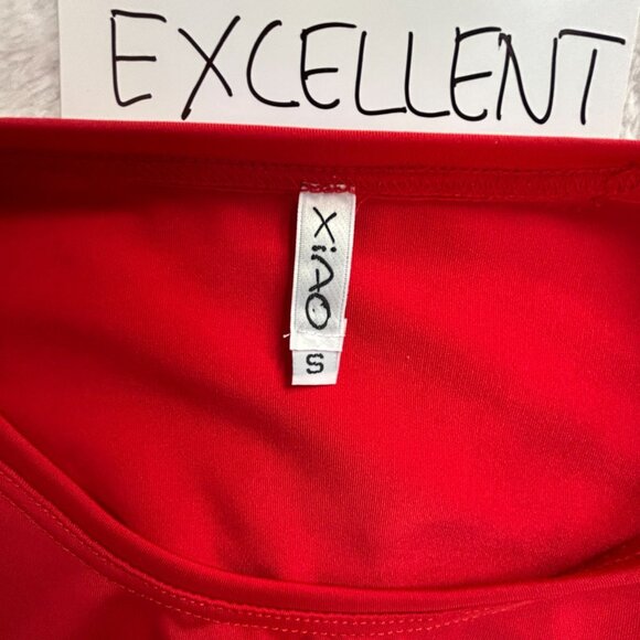 Xiao Womens Red Asymmetrical Hem Top Small 3/4 Sleeve Pockets Stretch Casual - Picture 3 of 7